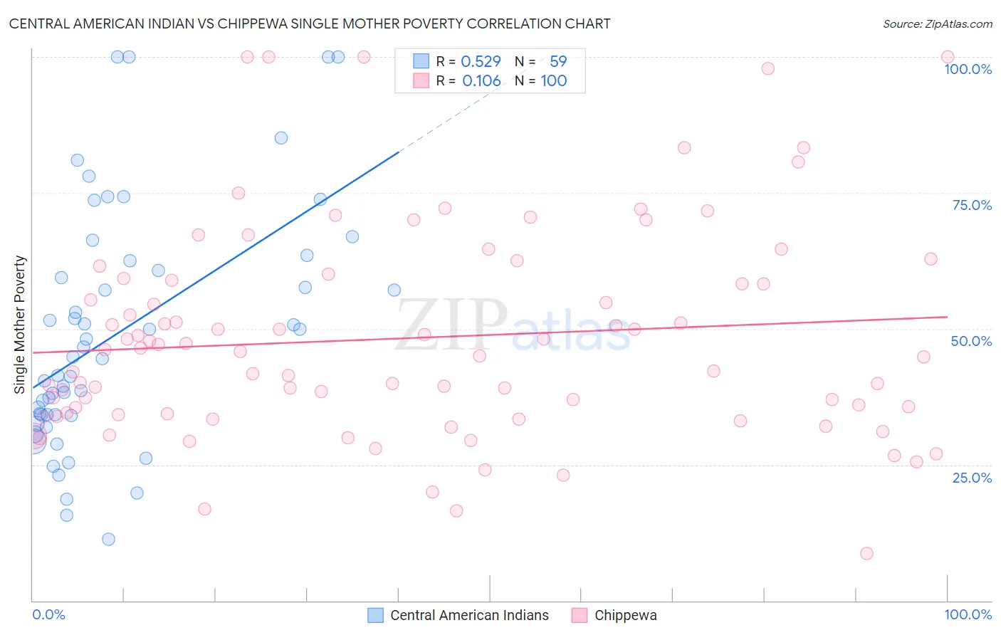 Central American Indian vs Chippewa Single Mother Poverty