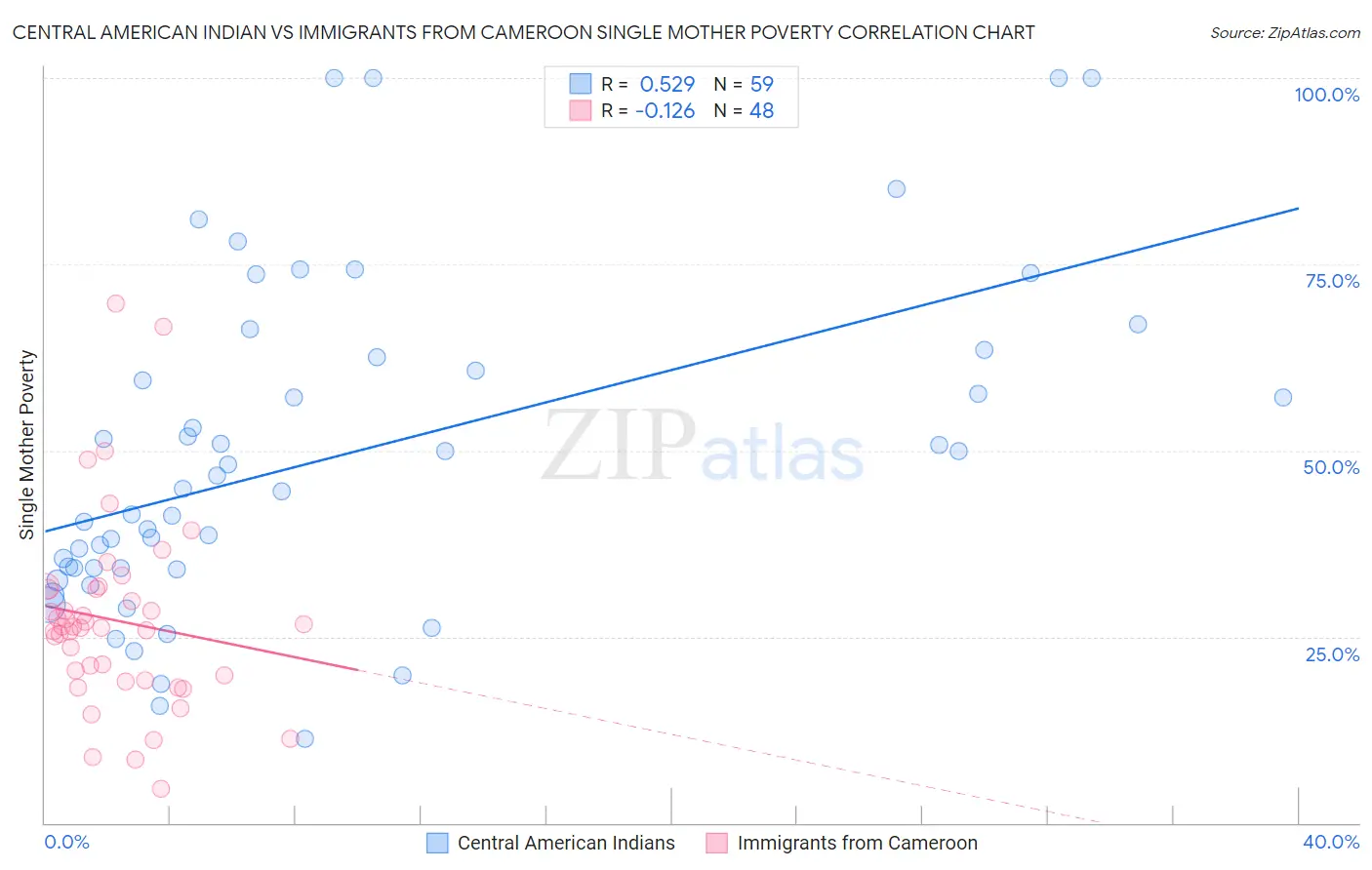 Central American Indian vs Immigrants from Cameroon Single Mother Poverty
