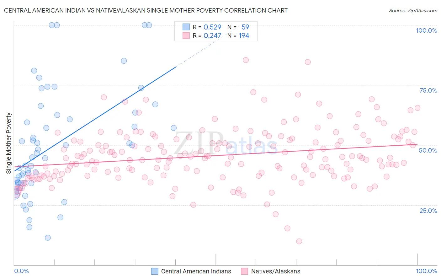 Central American Indian vs Native/Alaskan Single Mother Poverty