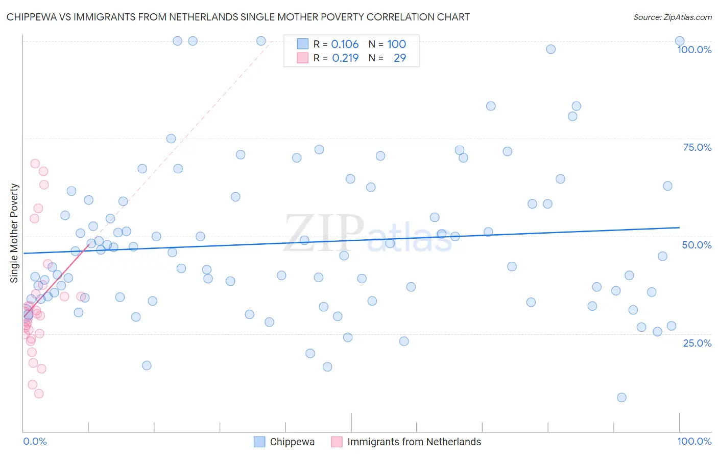 Chippewa vs Immigrants from Netherlands Single Mother Poverty