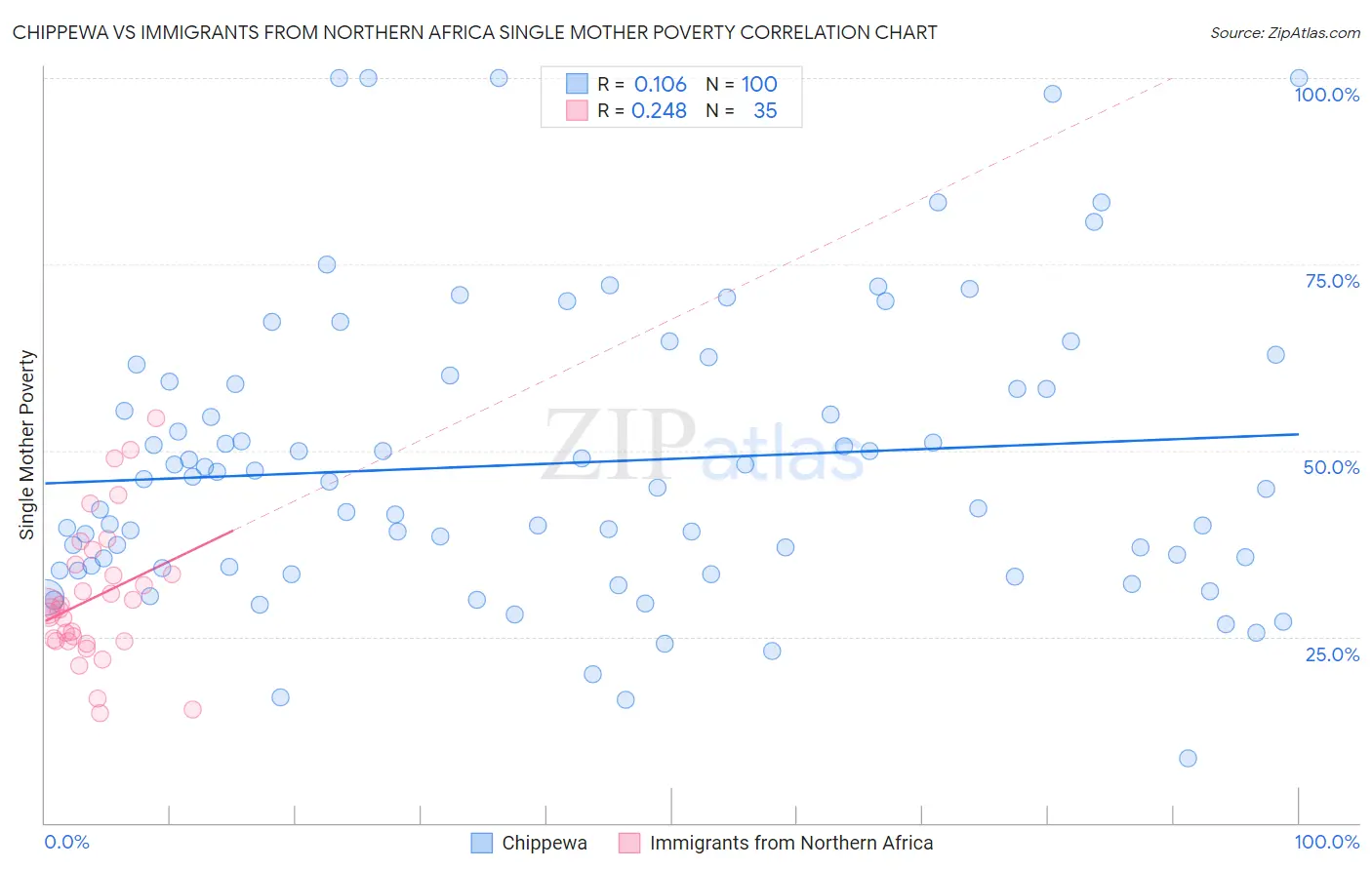 Chippewa vs Immigrants from Northern Africa Single Mother Poverty