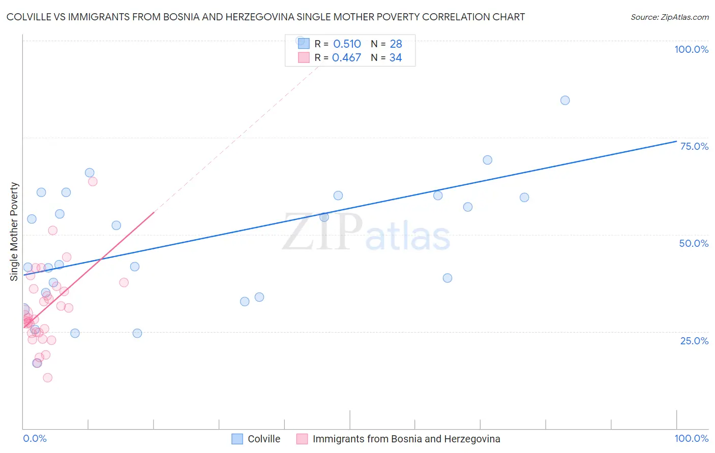 Colville vs Immigrants from Bosnia and Herzegovina Single Mother Poverty