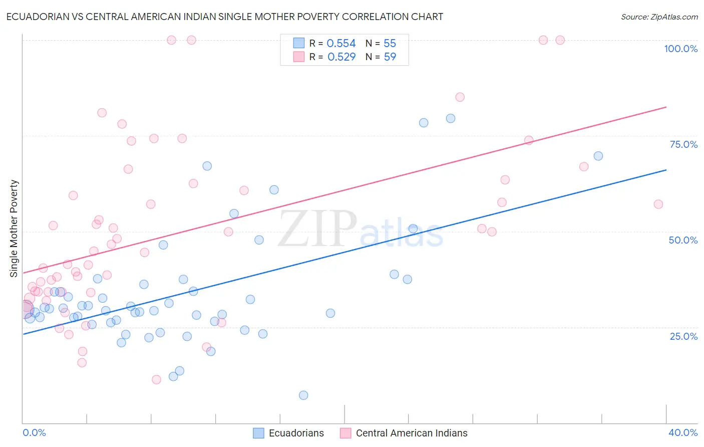 Ecuadorian vs Central American Indian Single Mother Poverty