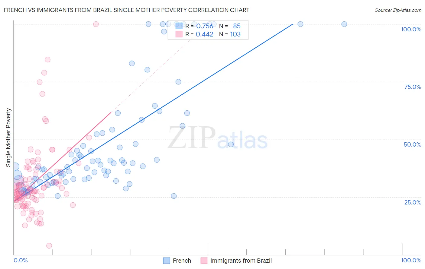French vs Immigrants from Brazil Single Mother Poverty