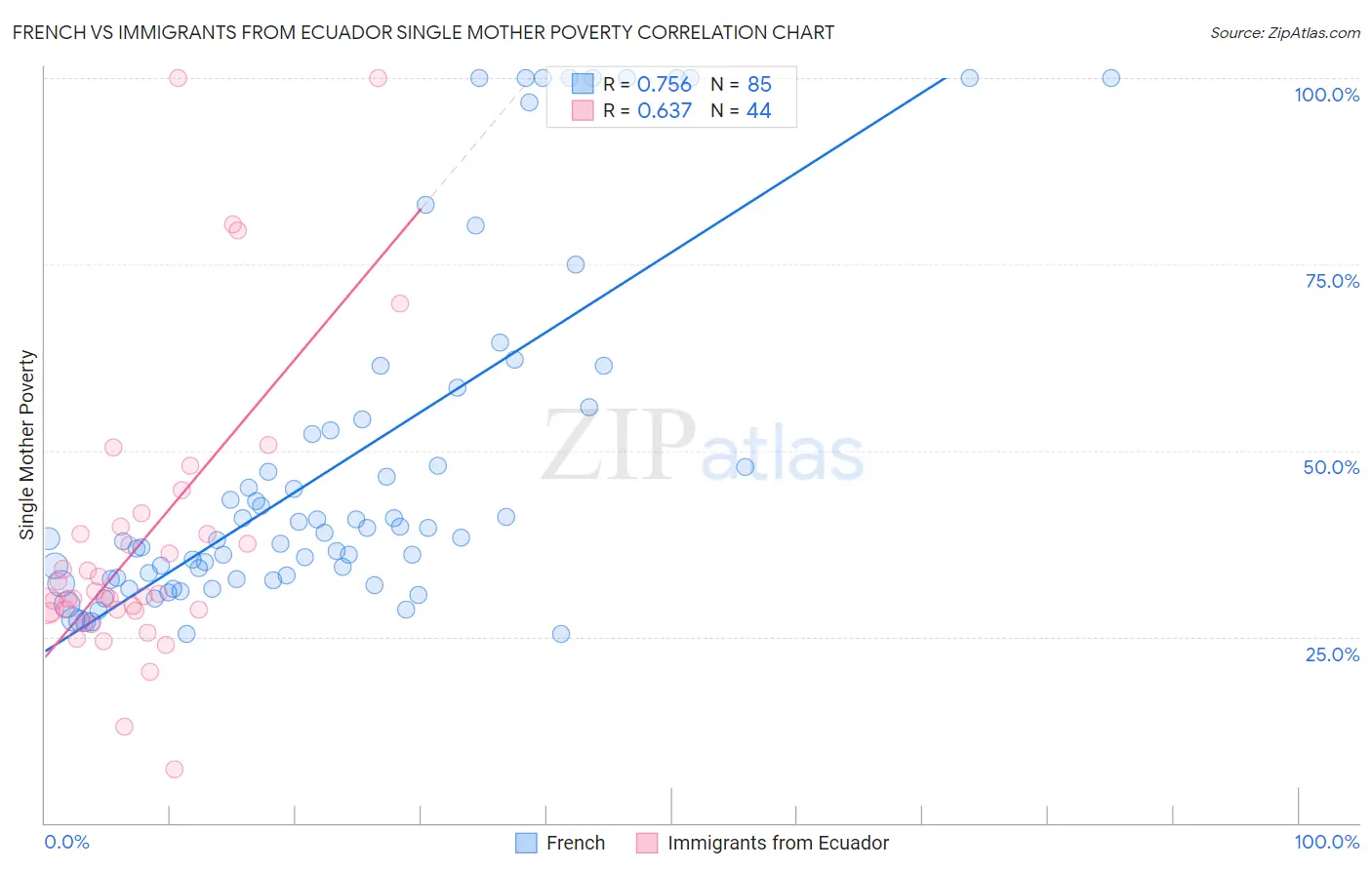 French vs Immigrants from Ecuador Single Mother Poverty