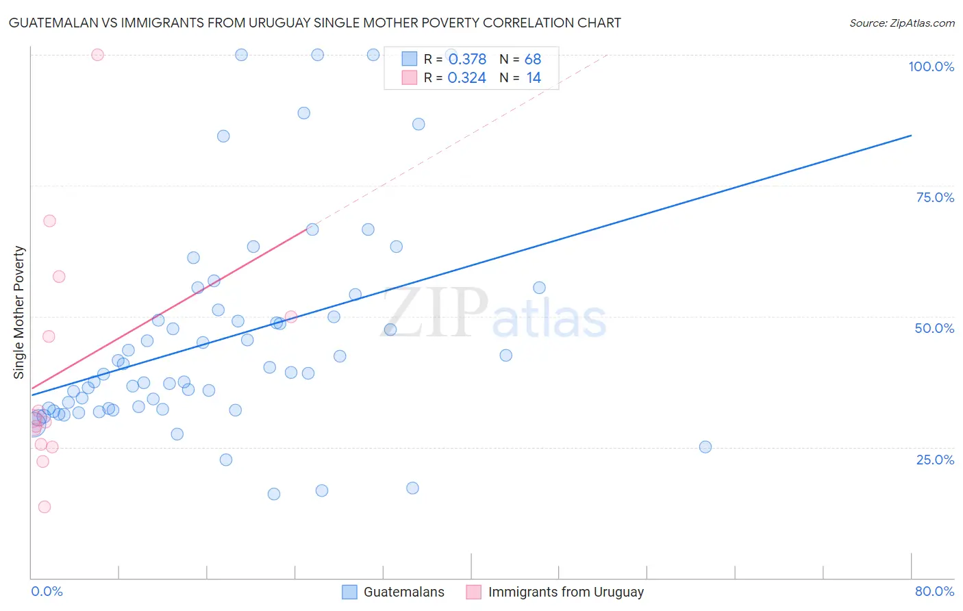 Guatemalan vs Immigrants from Uruguay Single Mother Poverty