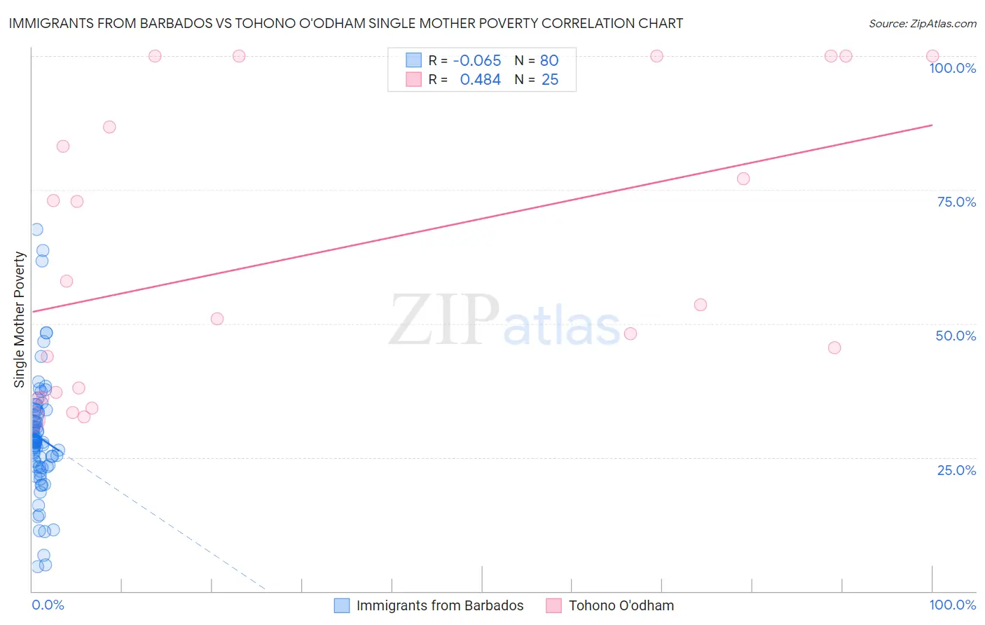 Immigrants from Barbados vs Tohono O'odham Single Mother Poverty
