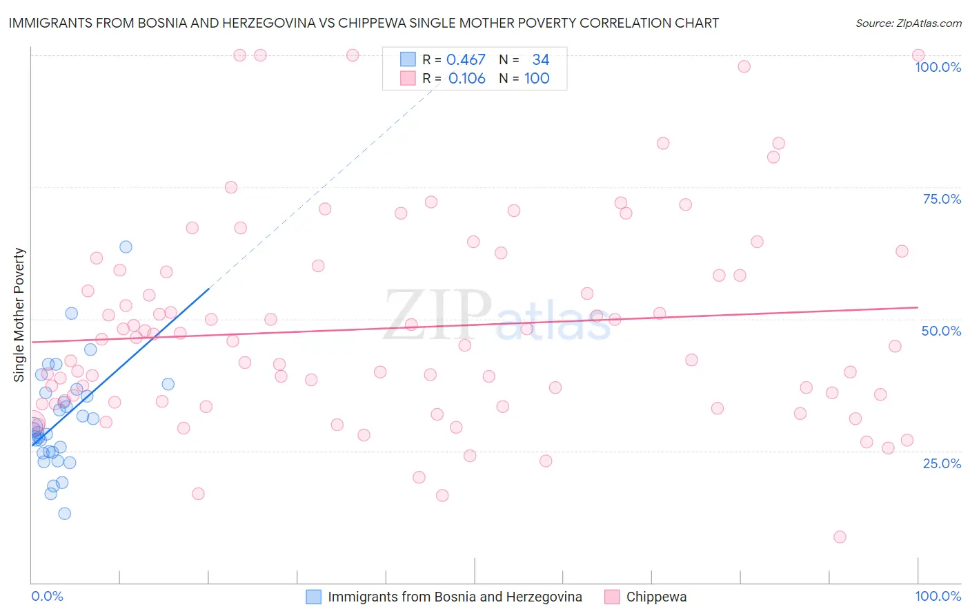 Immigrants from Bosnia and Herzegovina vs Chippewa Single Mother Poverty