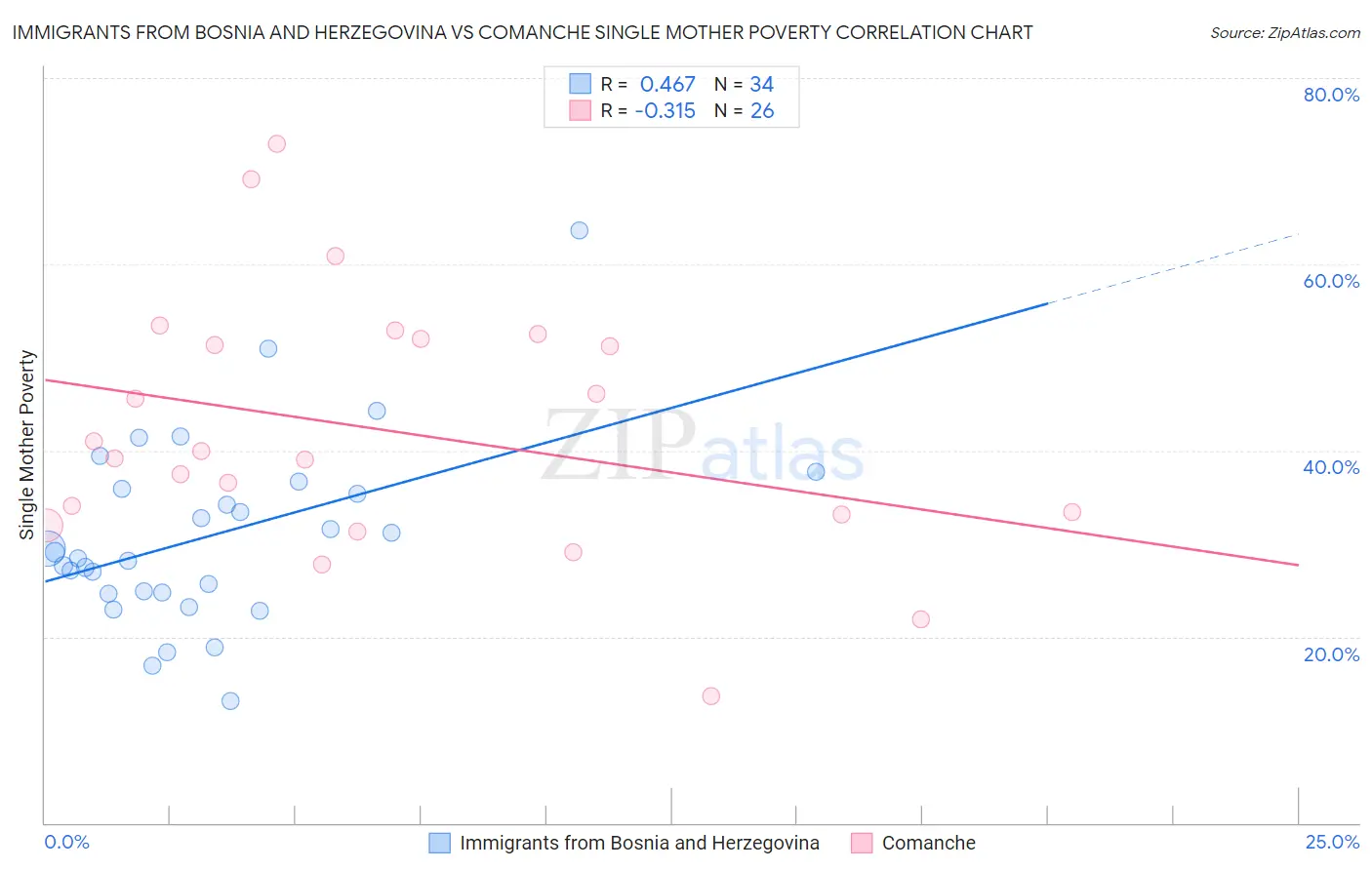 Immigrants from Bosnia and Herzegovina vs Comanche Single Mother Poverty