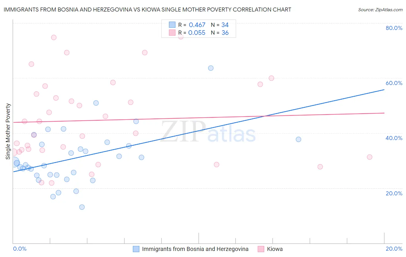 Immigrants from Bosnia and Herzegovina vs Kiowa Single Mother Poverty