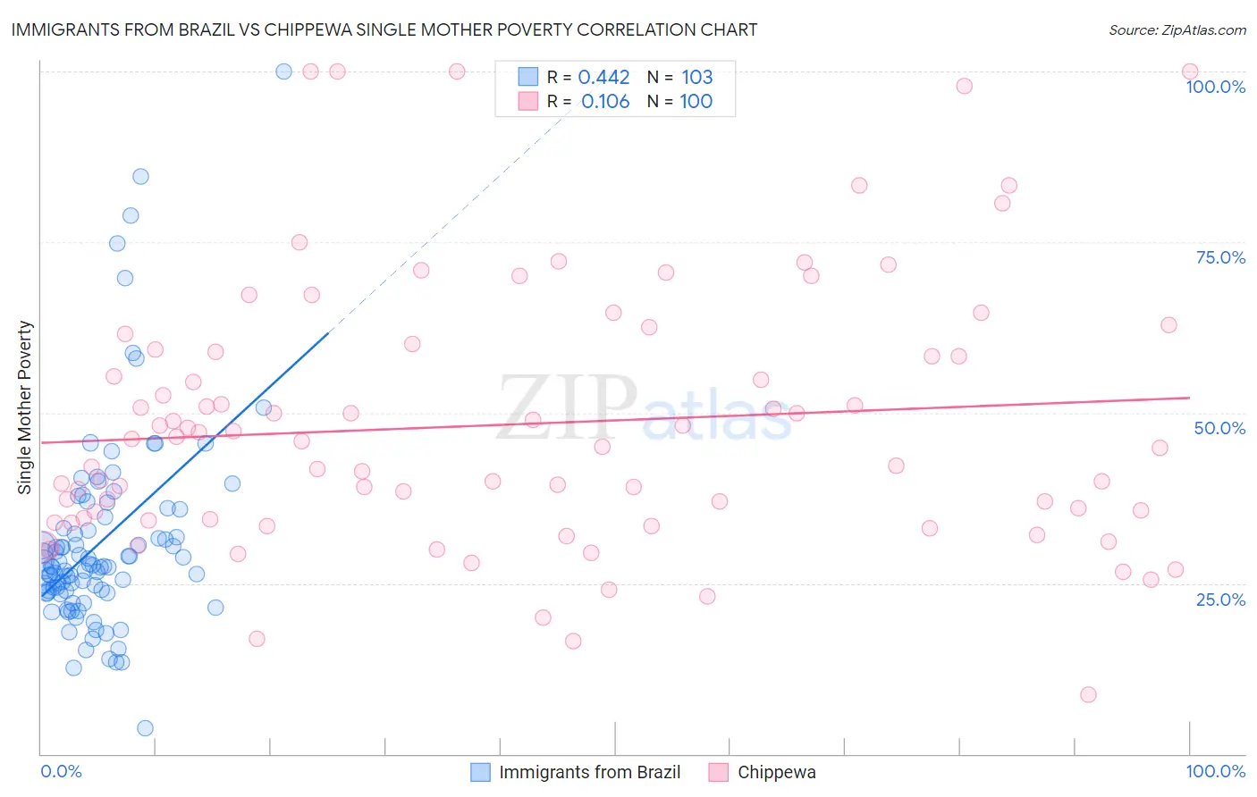 Immigrants from Brazil vs Chippewa Single Mother Poverty