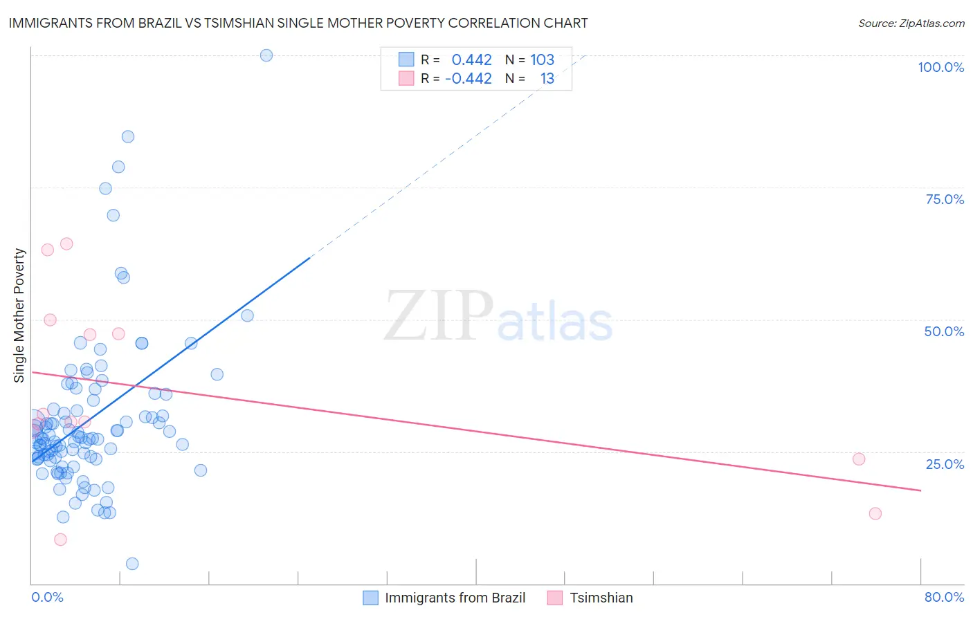 Immigrants from Brazil vs Tsimshian Single Mother Poverty