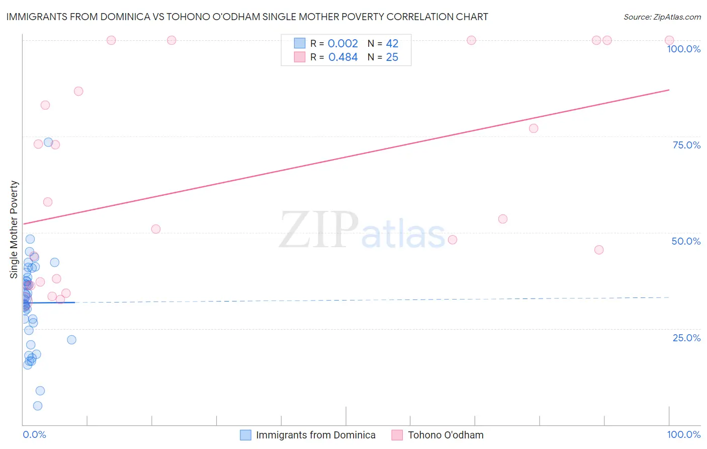 Immigrants from Dominica vs Tohono O'odham Single Mother Poverty