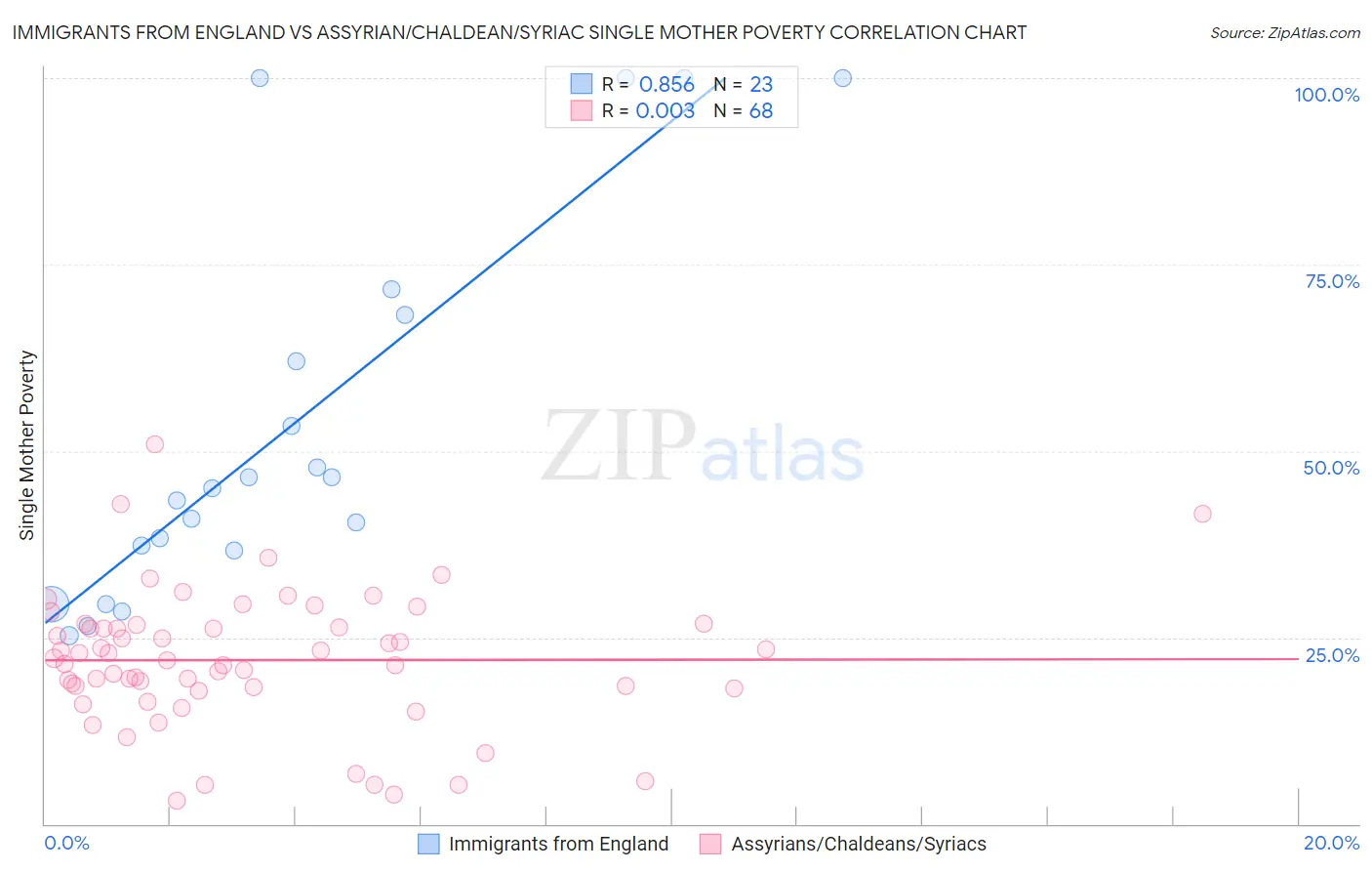 Immigrants from England vs Assyrian/Chaldean/Syriac Single Mother Poverty