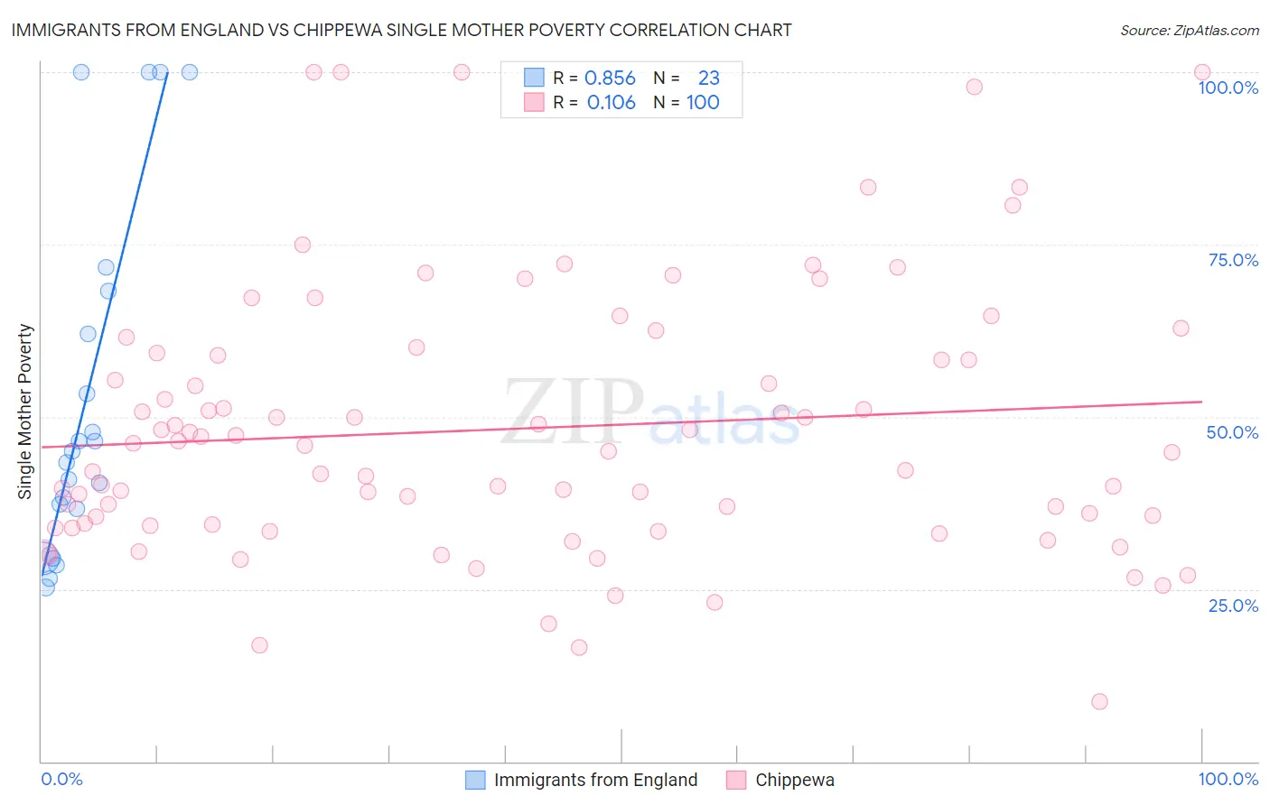 Immigrants from England vs Chippewa Single Mother Poverty