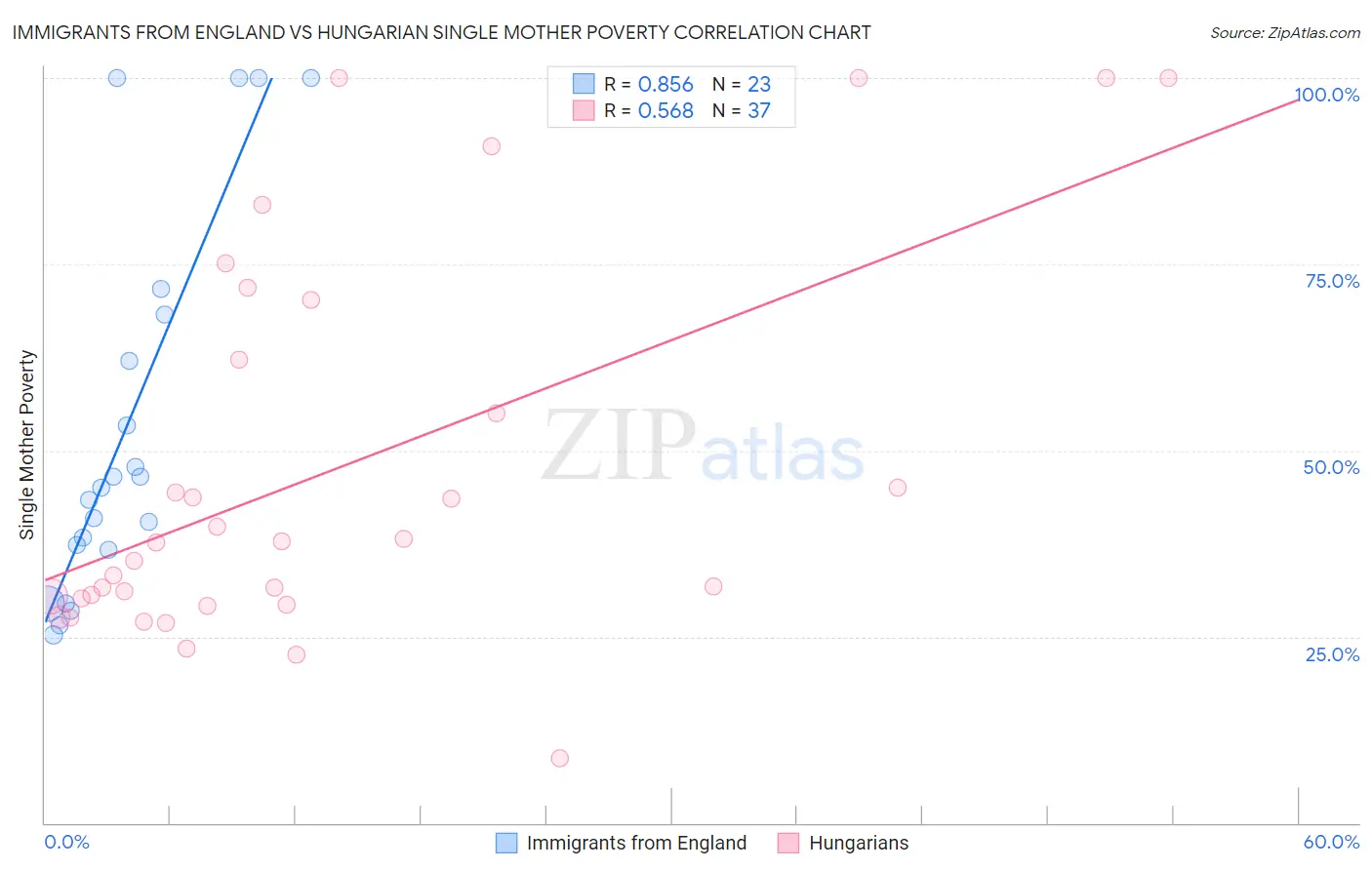 Immigrants from England vs Hungarian Single Mother Poverty
