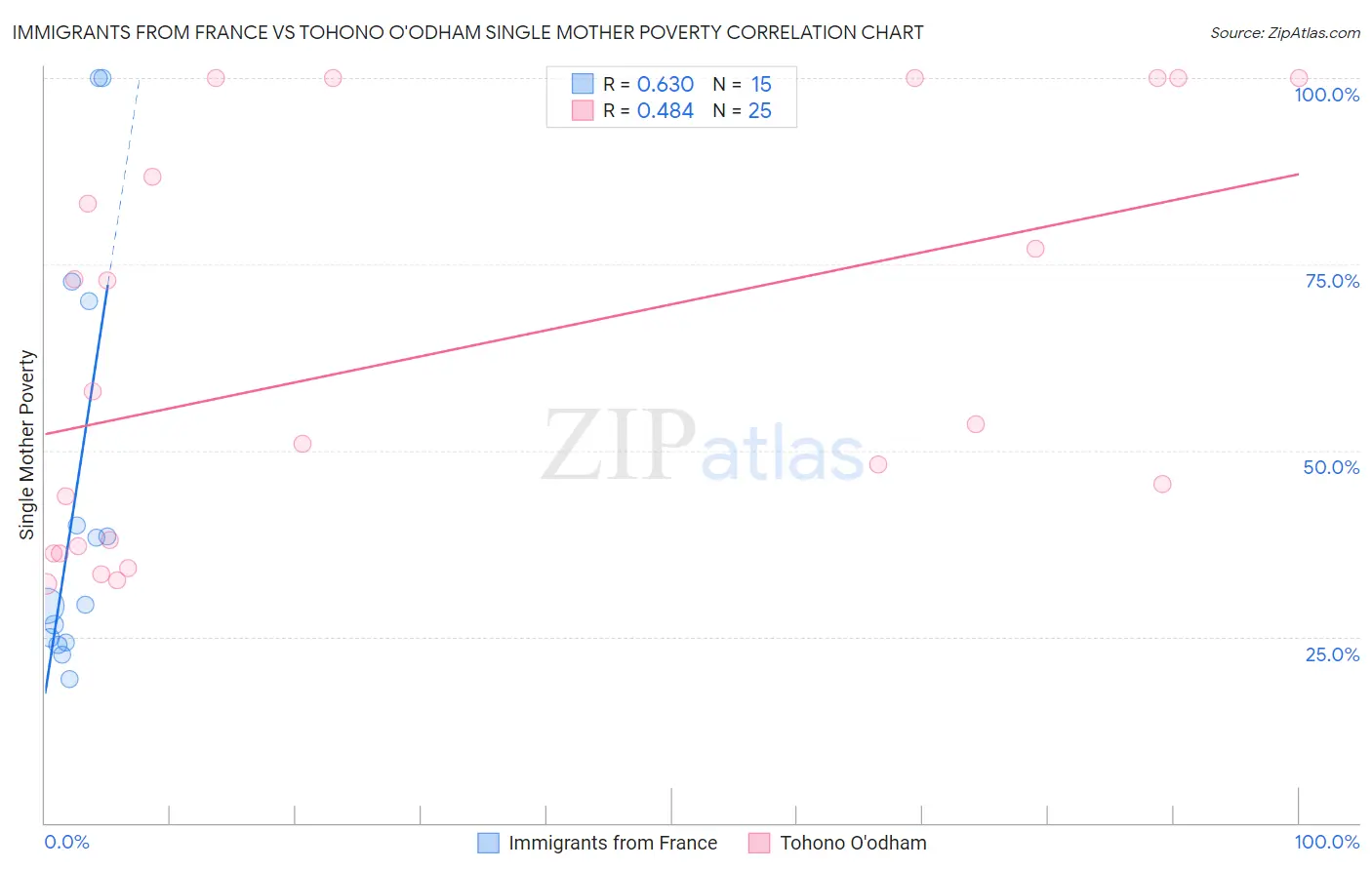 Immigrants from France vs Tohono O'odham Single Mother Poverty