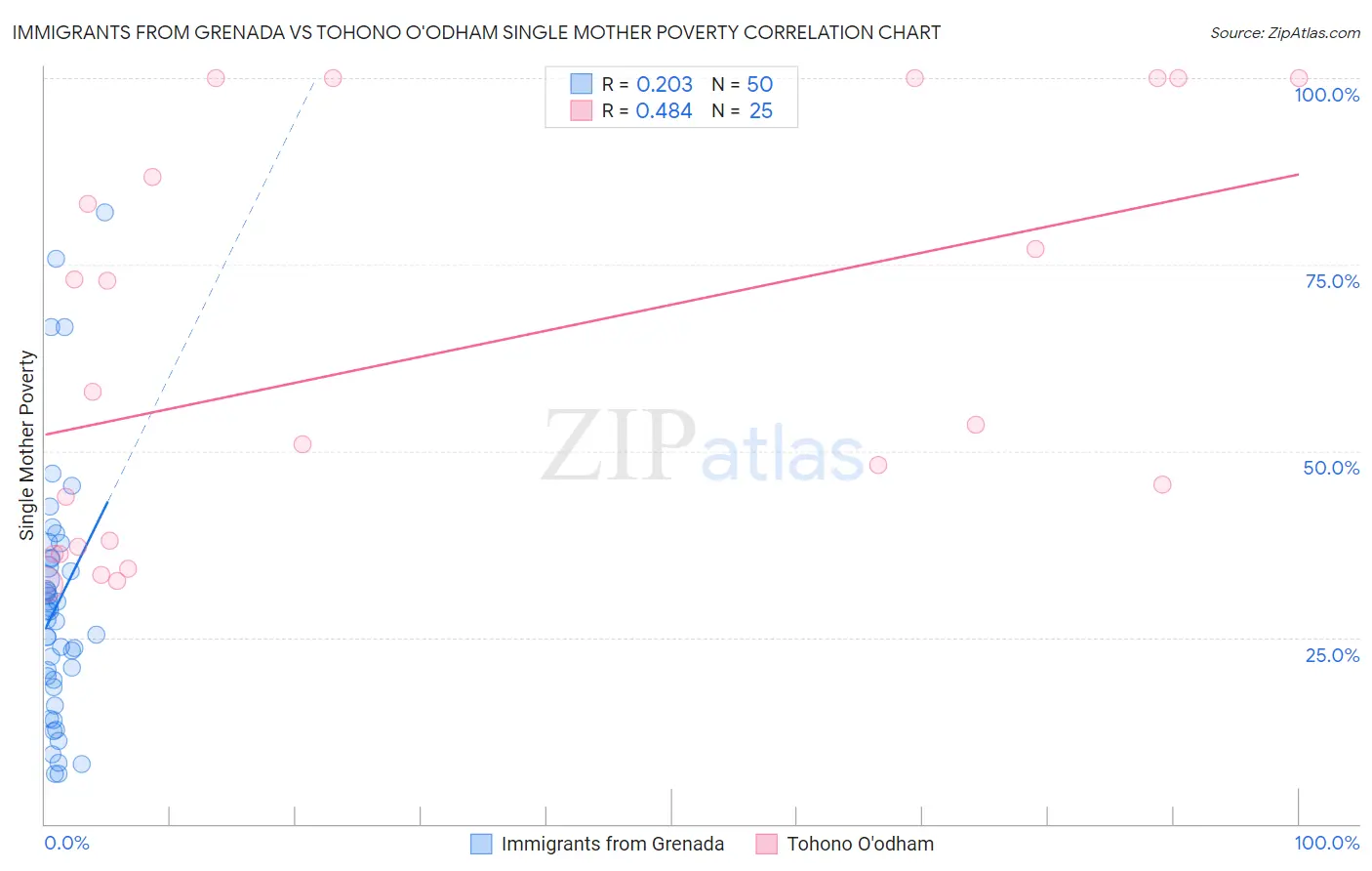 Immigrants from Grenada vs Tohono O'odham Single Mother Poverty