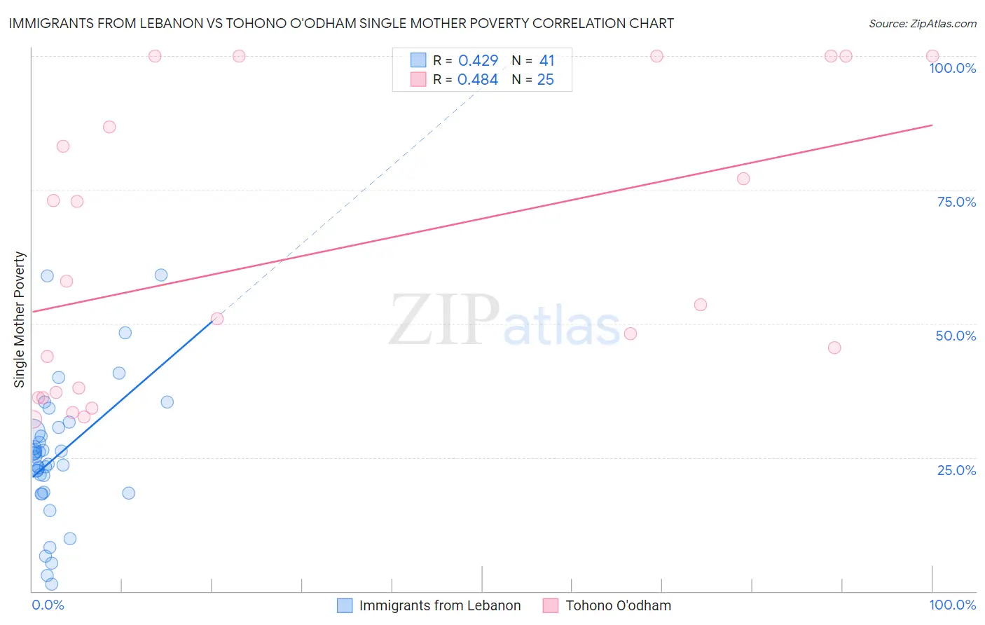 Immigrants from Lebanon vs Tohono O'odham Single Mother Poverty