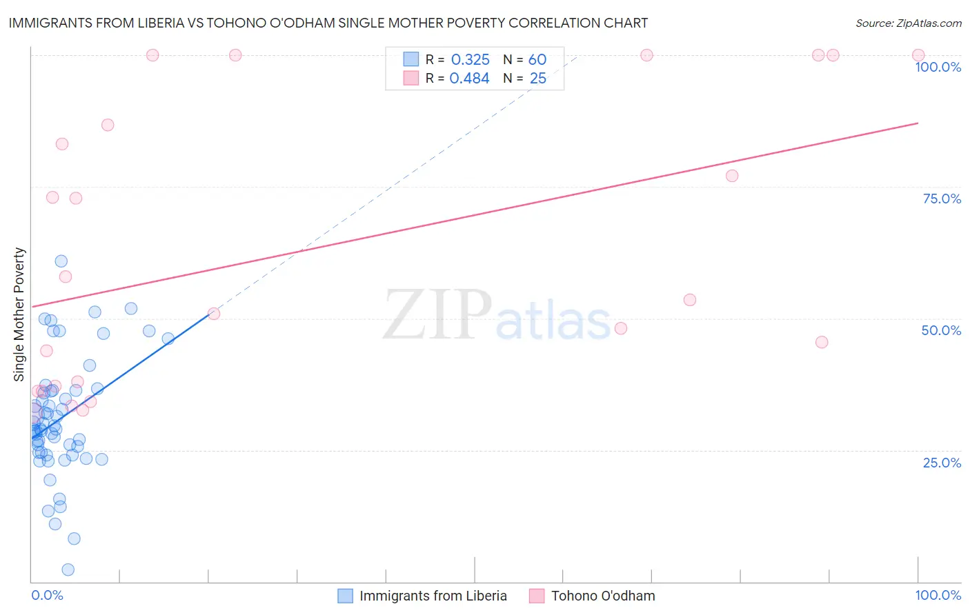 Immigrants from Liberia vs Tohono O'odham Single Mother Poverty