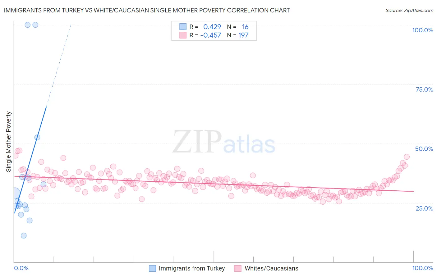 Immigrants from Turkey vs White/Caucasian Single Mother Poverty