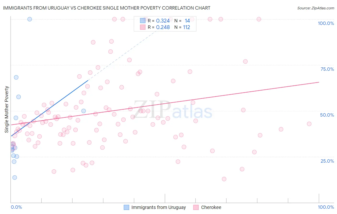 Immigrants from Uruguay vs Cherokee Single Mother Poverty