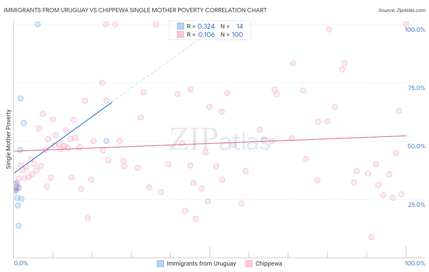Immigrants from Uruguay vs Chippewa Single Mother Poverty