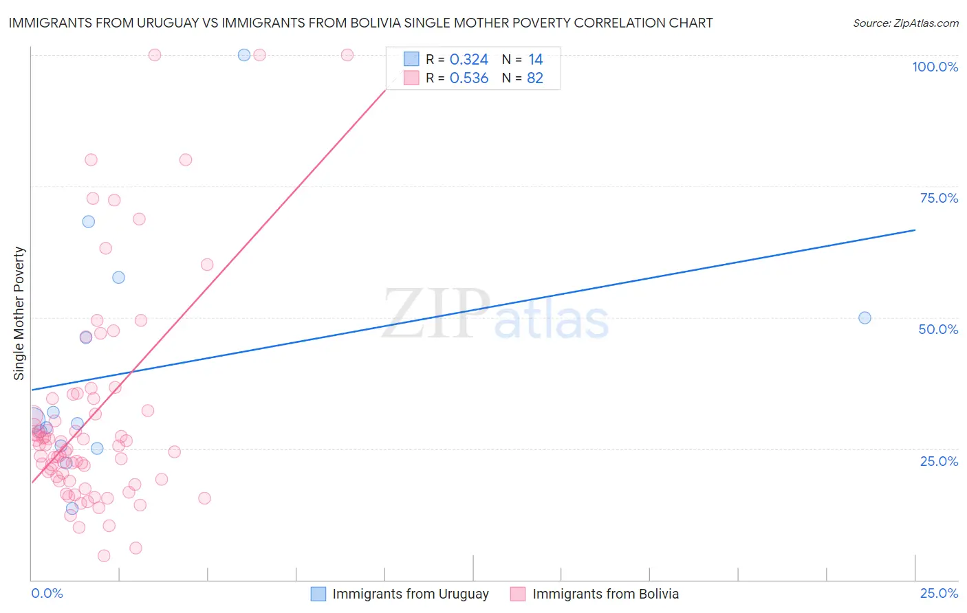 Immigrants from Uruguay vs Immigrants from Bolivia Single Mother Poverty