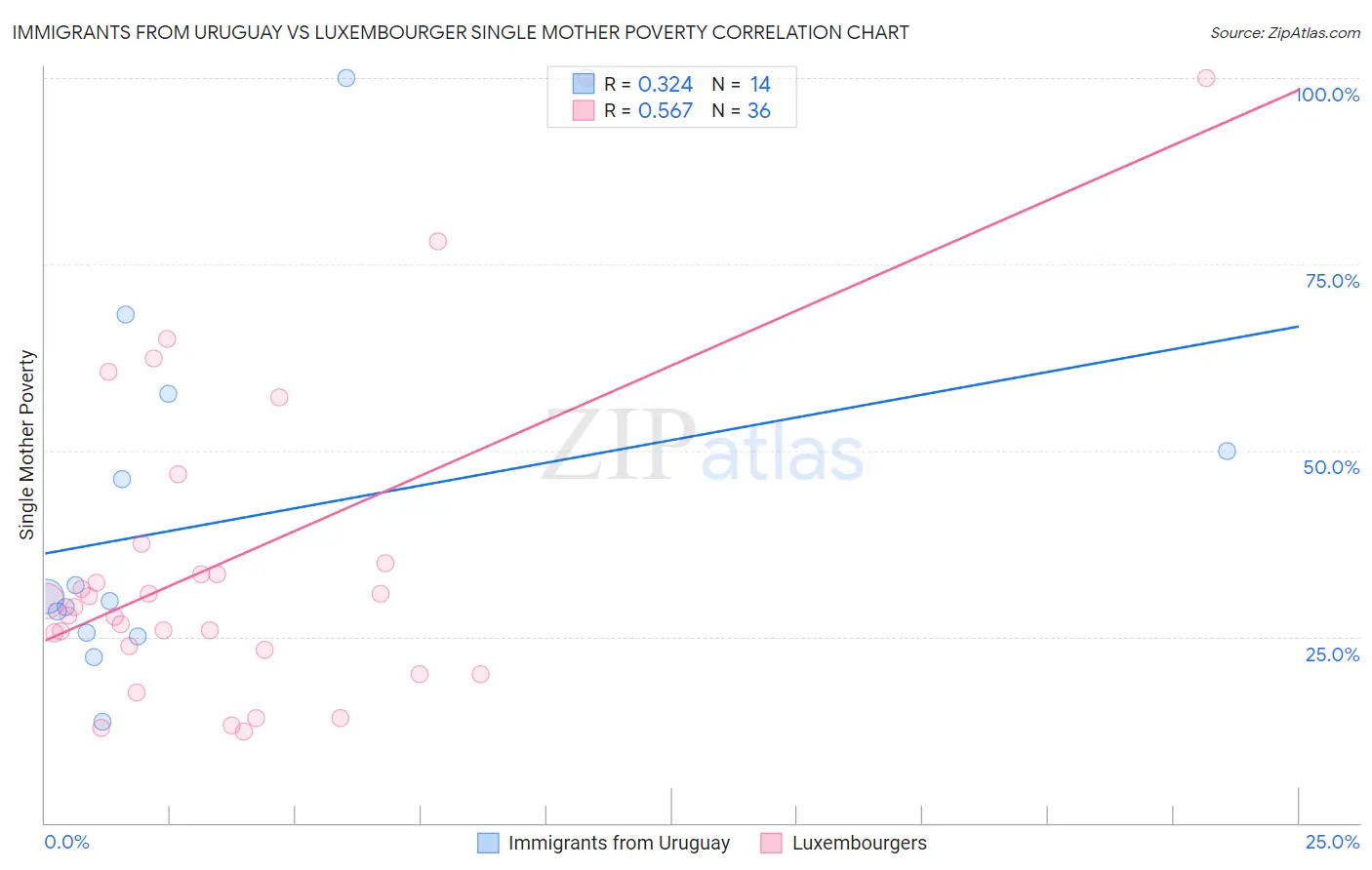 Immigrants from Uruguay vs Luxembourger Single Mother Poverty