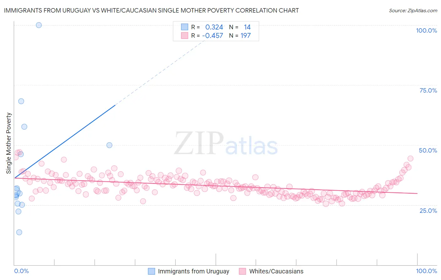 Immigrants from Uruguay vs White/Caucasian Single Mother Poverty