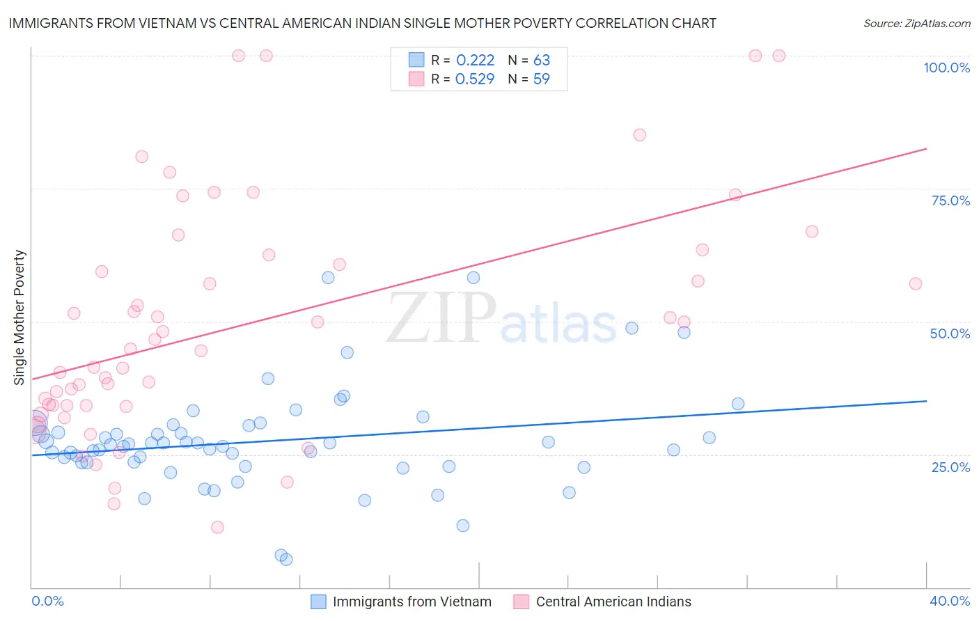 Immigrants from Vietnam vs Central American Indian Single Mother Poverty