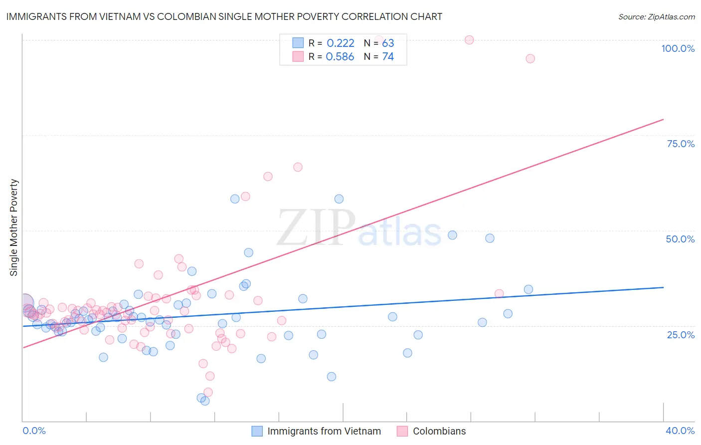 Immigrants from Vietnam vs Colombian Single Mother Poverty