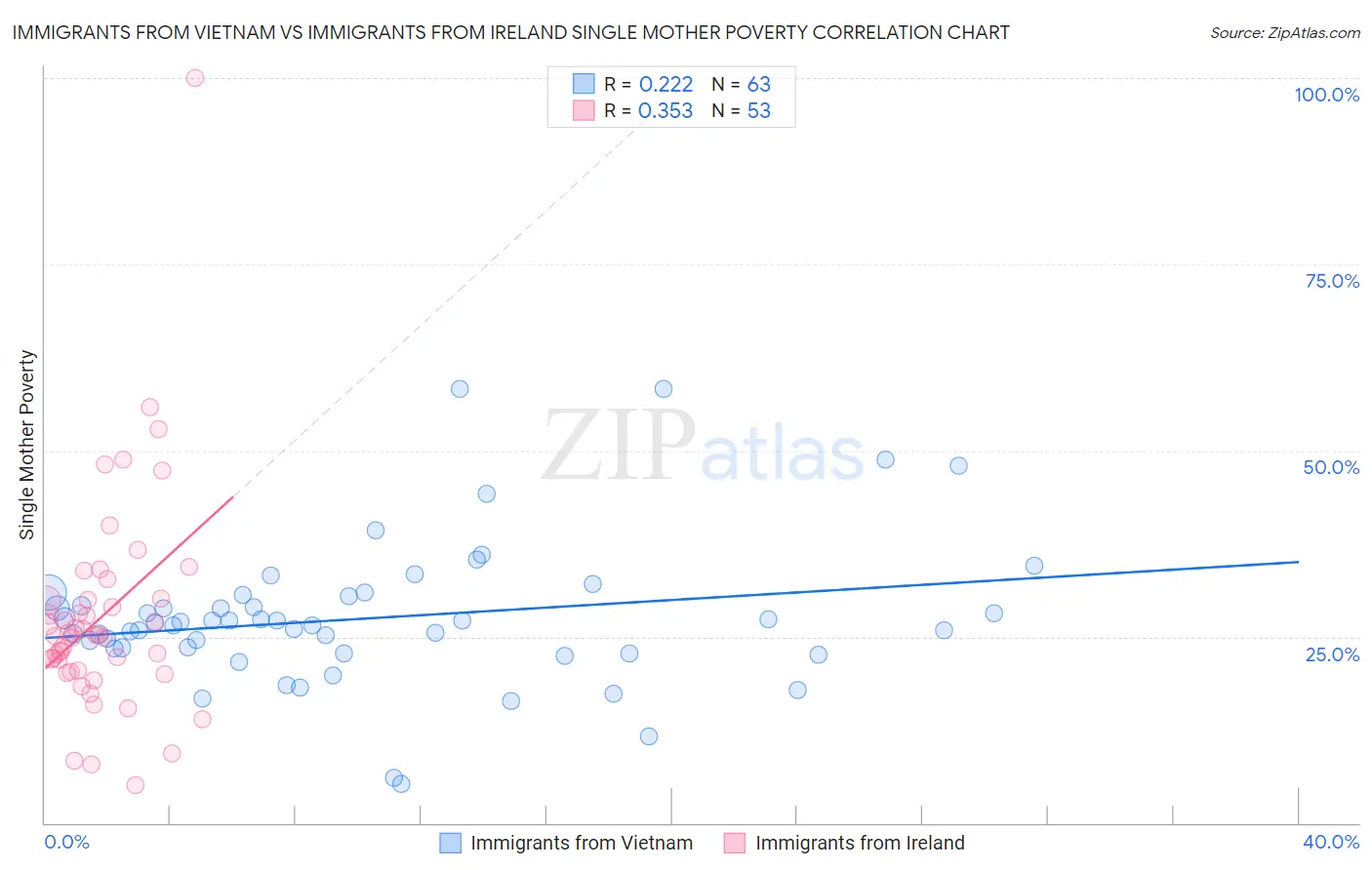 Immigrants from Vietnam vs Immigrants from Ireland Single Mother Poverty