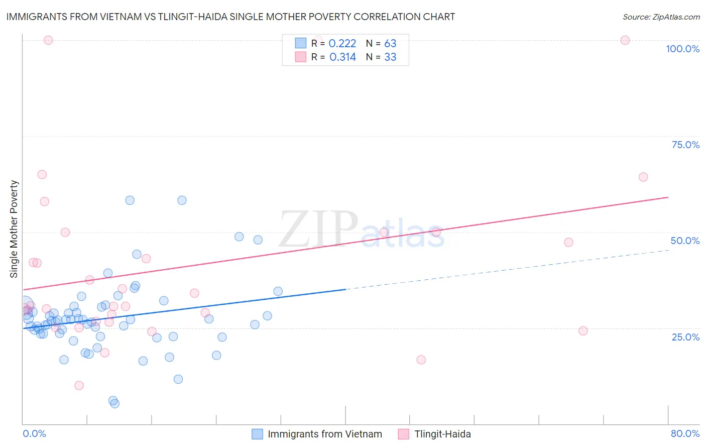 Immigrants from Vietnam vs Tlingit-Haida Single Mother Poverty