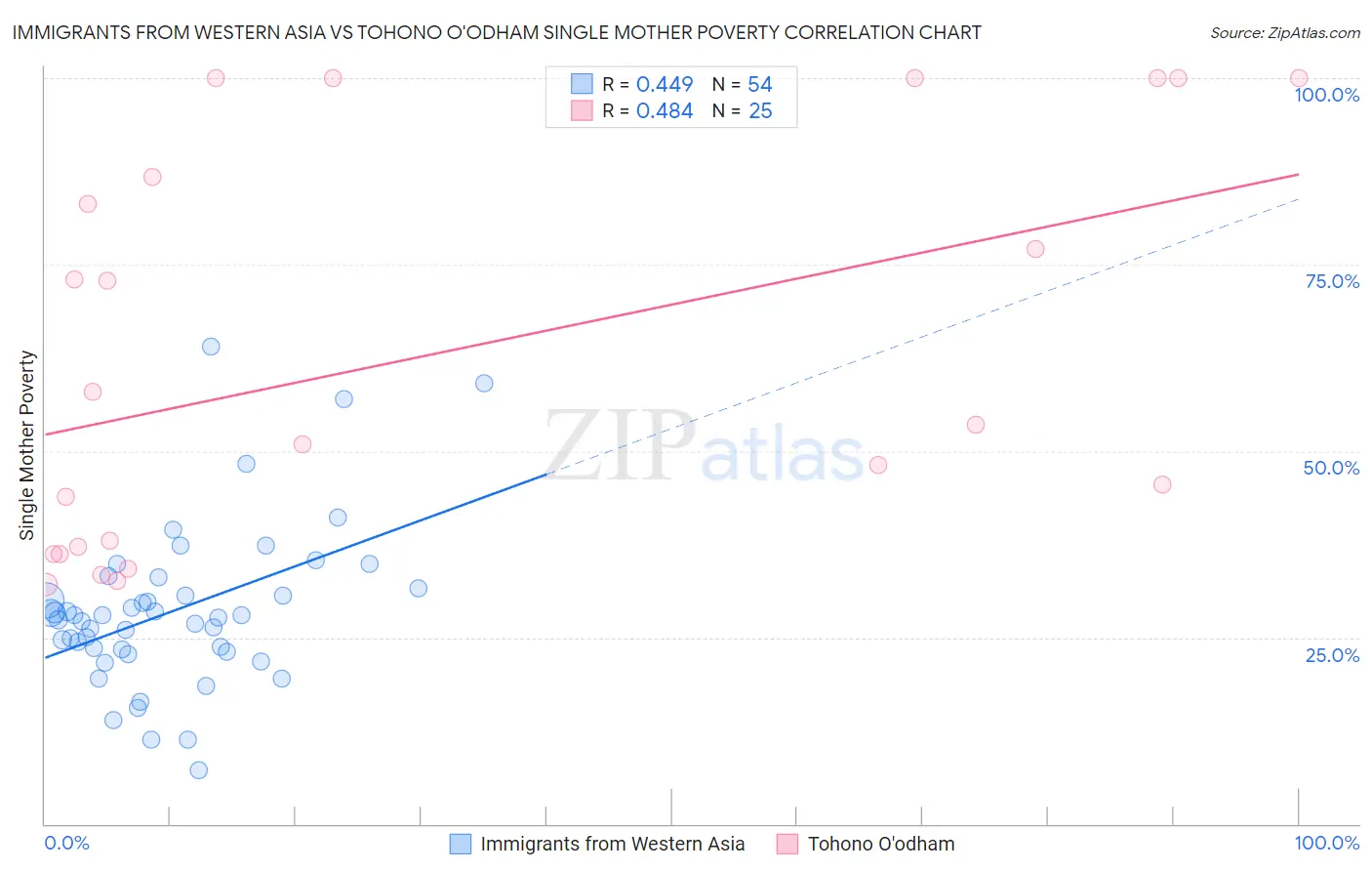 Immigrants from Western Asia vs Tohono O'odham Single Mother Poverty