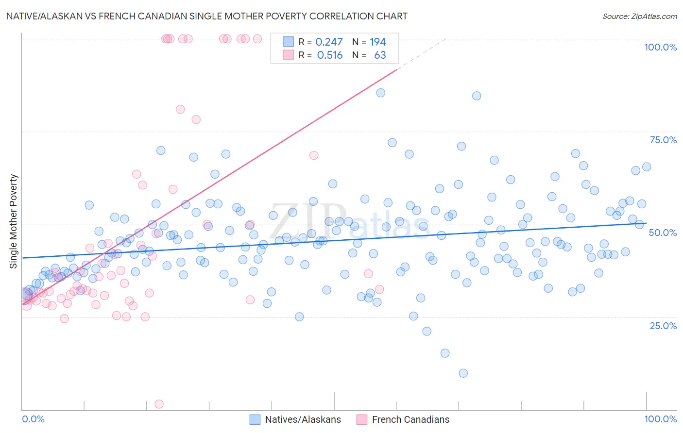 Native/Alaskan vs French Canadian Single Mother Poverty