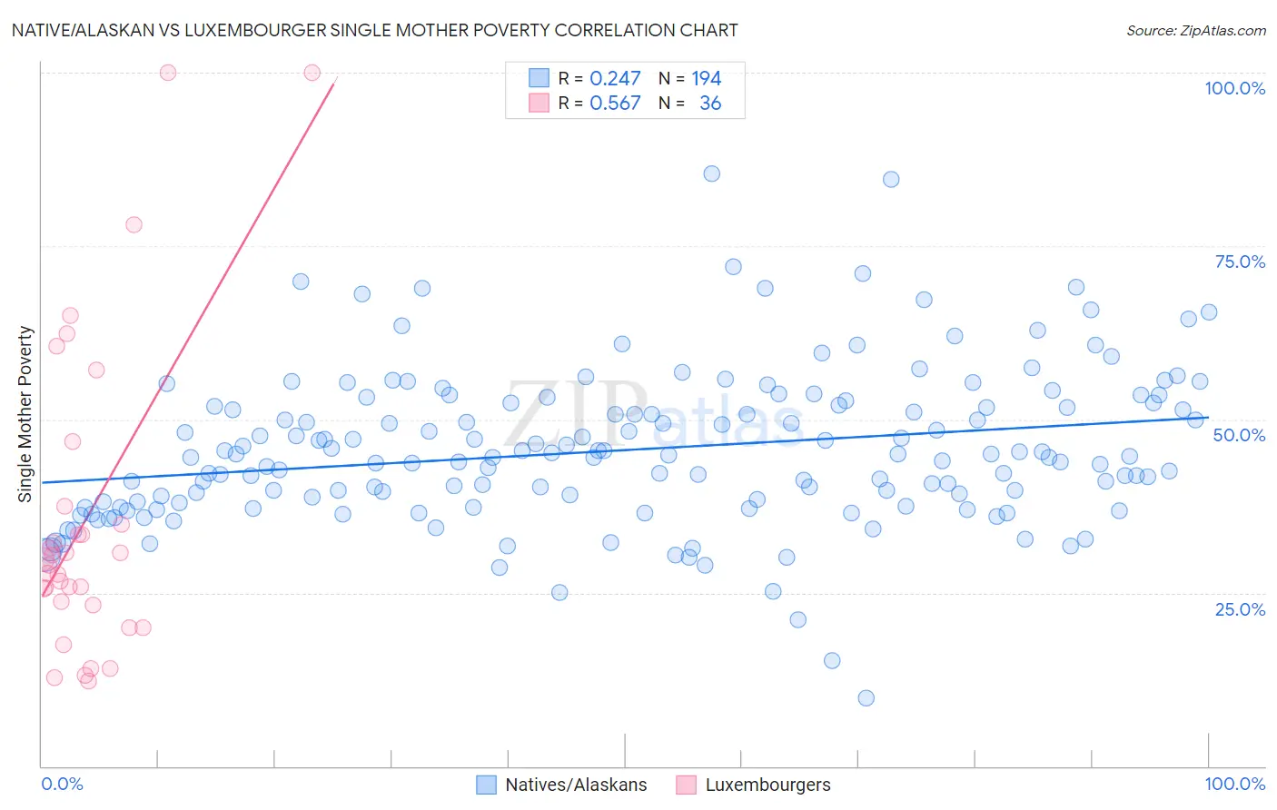 Native/Alaskan vs Luxembourger Single Mother Poverty