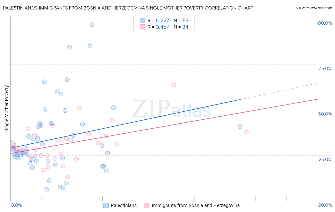Palestinian vs Immigrants from Bosnia and Herzegovina Single Mother Poverty