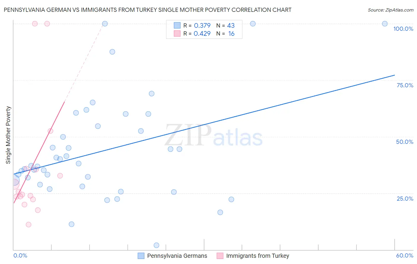 Pennsylvania German vs Immigrants from Turkey Single Mother Poverty