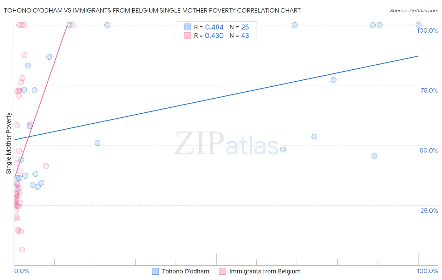 Tohono O'odham vs Immigrants from Belgium Single Mother Poverty