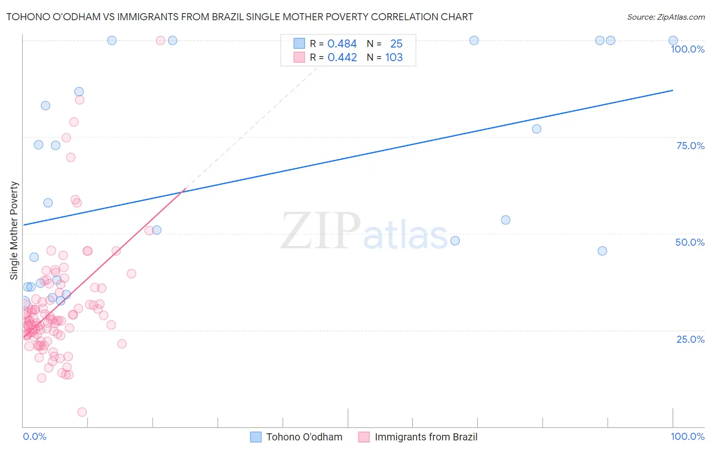 Tohono O'odham vs Immigrants from Brazil Single Mother Poverty