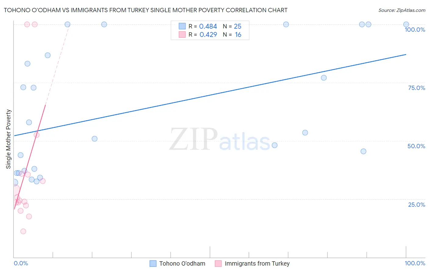 Tohono O'odham vs Immigrants from Turkey Single Mother Poverty
