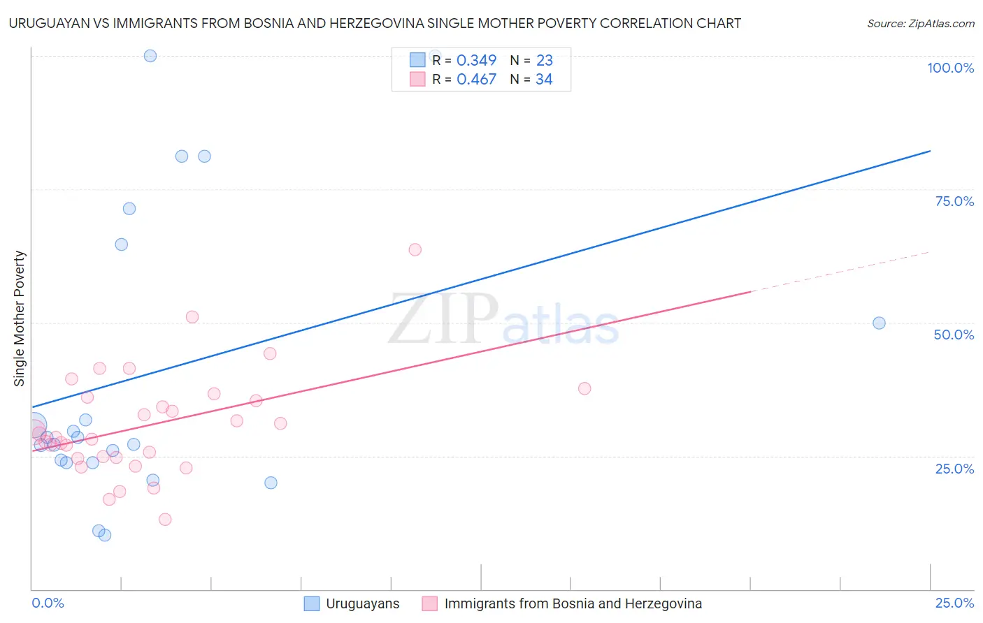 Uruguayan vs Immigrants from Bosnia and Herzegovina Single Mother Poverty