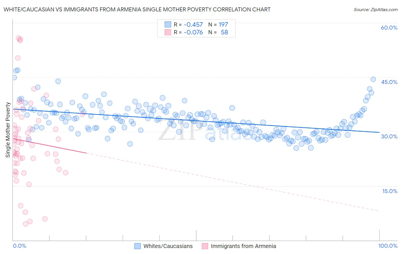 White/Caucasian vs Immigrants from Armenia Single Mother Poverty