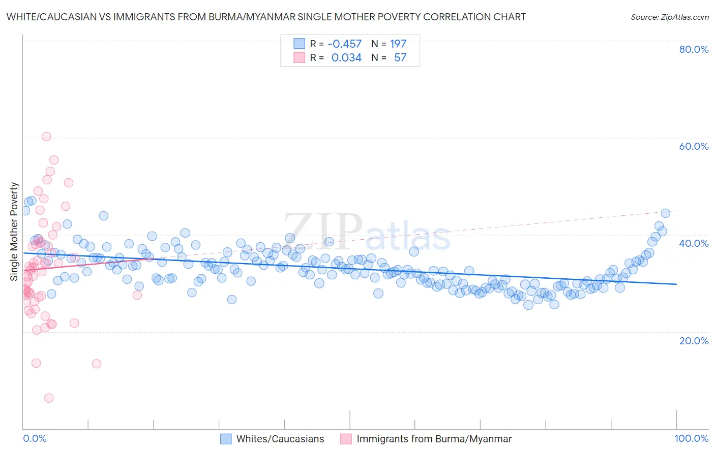 White/Caucasian vs Immigrants from Burma/Myanmar Single Mother Poverty