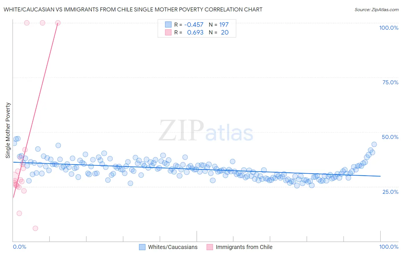 White/Caucasian vs Immigrants from Chile Single Mother Poverty