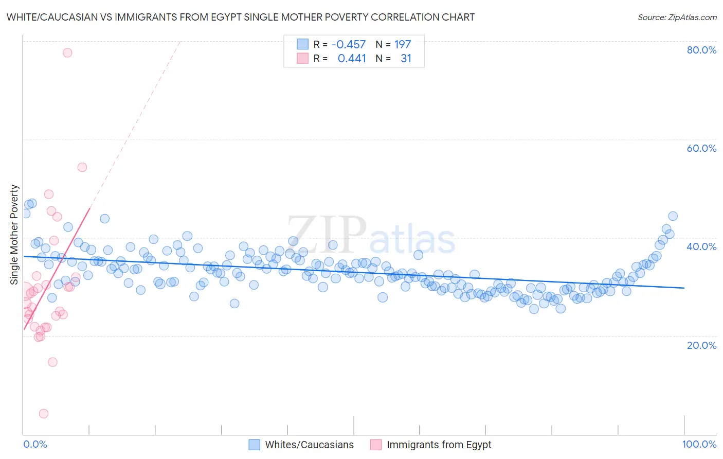 White/Caucasian vs Immigrants from Egypt Single Mother Poverty