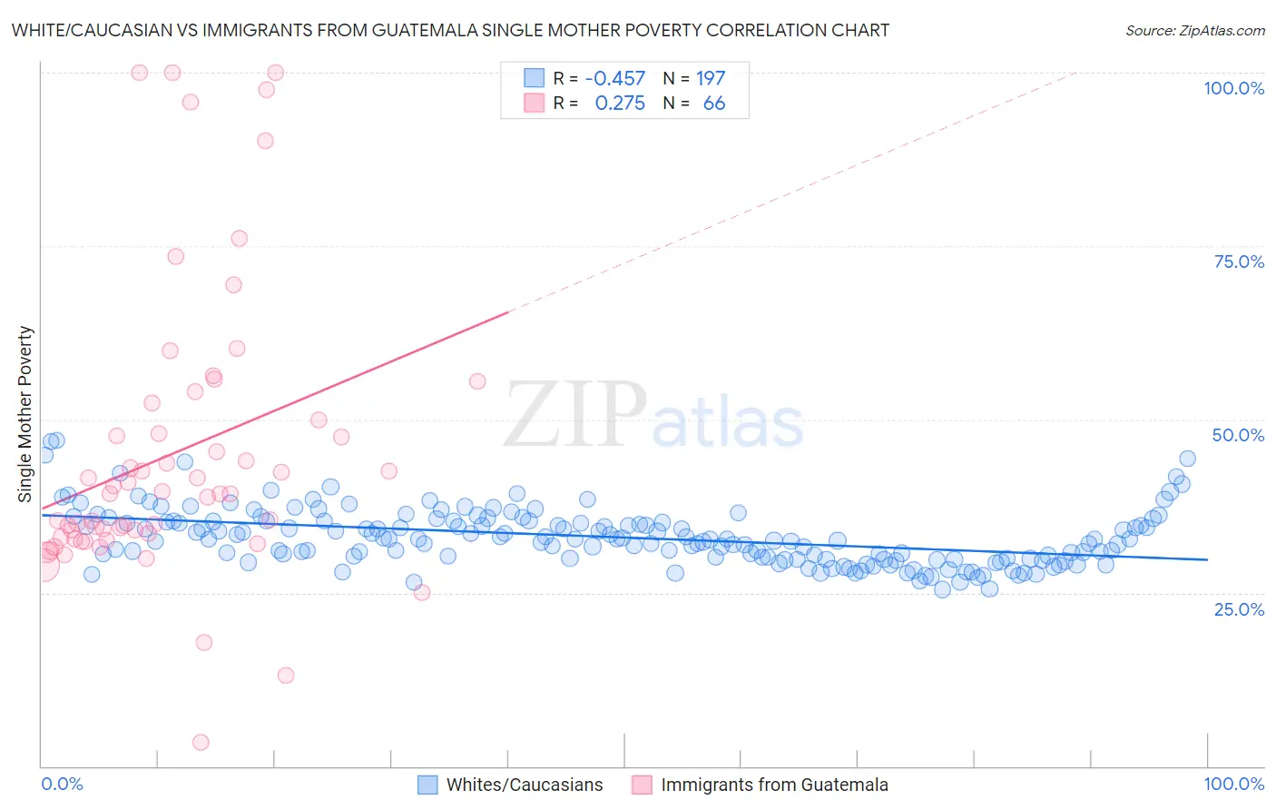 White/Caucasian vs Immigrants from Guatemala Single Mother Poverty