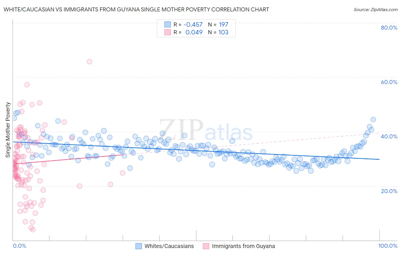 White/Caucasian vs Immigrants from Guyana Single Mother Poverty