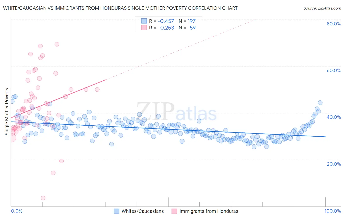 White/Caucasian vs Immigrants from Honduras Single Mother Poverty